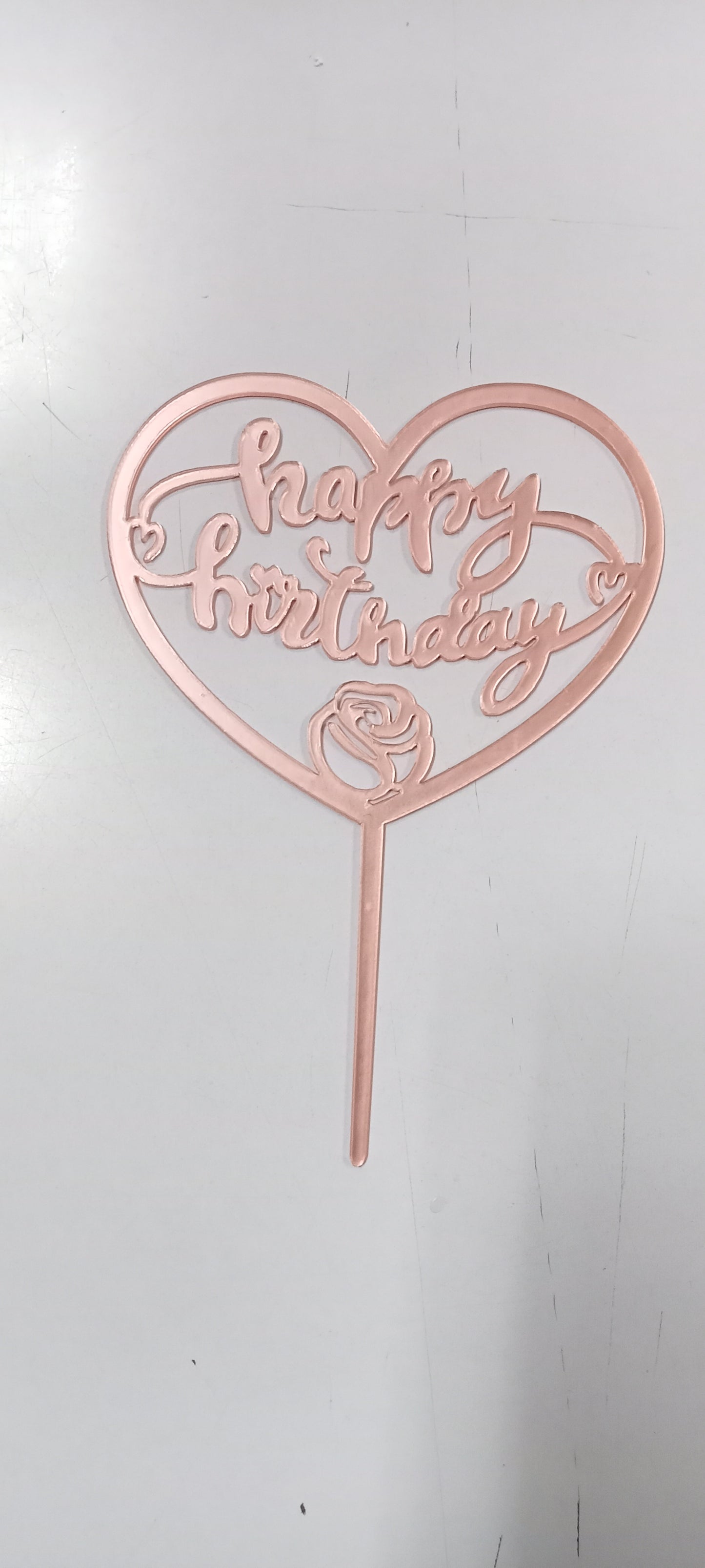 Cake Topper Happy Birthday Rose Gold Heart Cursive Acrylic