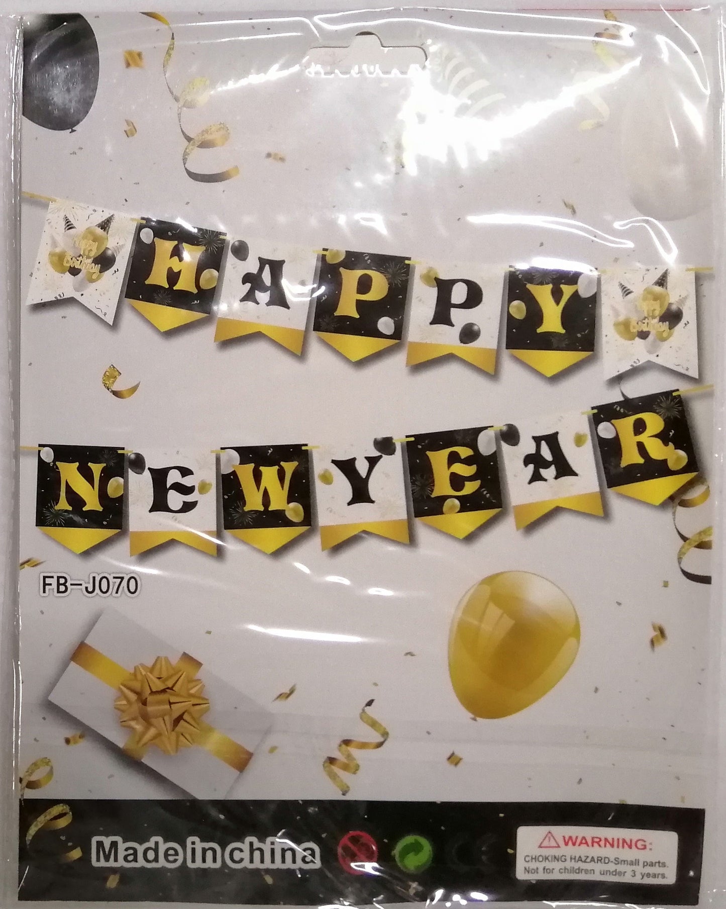 Banner Happy New Year White, Black, and Gold