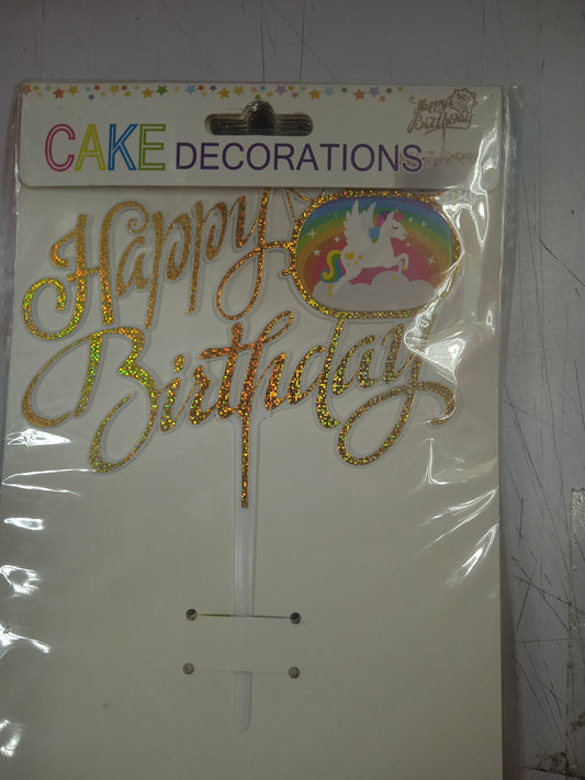 Cake topper Happy birthday cursive glitter gold unicorn