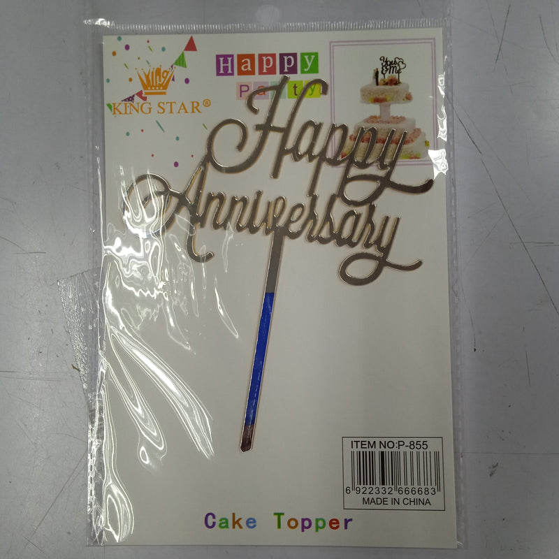 Cake Topper Happy Anniversary Cursive Silver