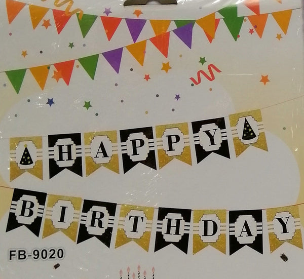 Banner Happy Birthday with Black, White & Gold Print